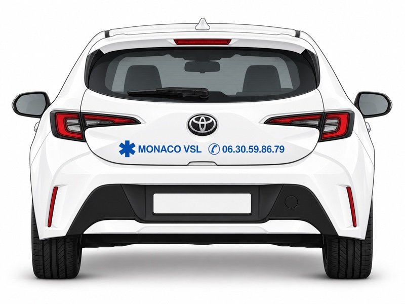 Illustration arrière de la Toyota Corolla, avec le nom Monaco VSL et le numéro de contact.