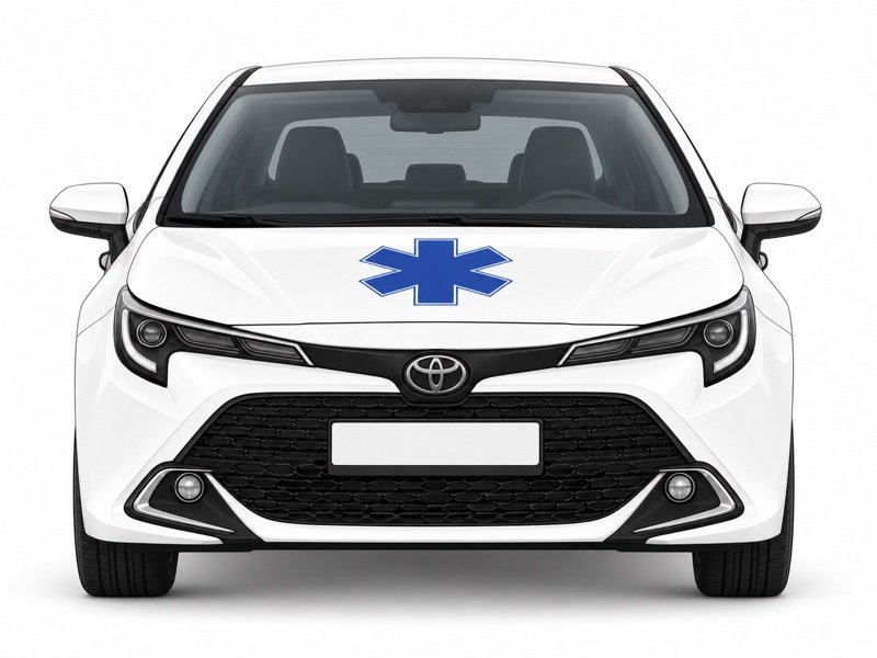 Illustration de face de la Toyota Corolla Monaco VSL, au marquage bleu sur le capot.